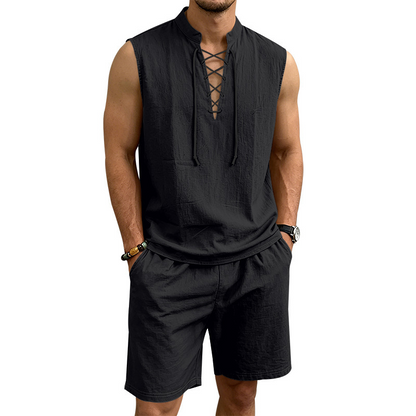 🌴 50% OFF NOW!👕 Men's Linen Sleeveless Set – Top & Shorts with Lace-Up Design – Summer Essential 🌊