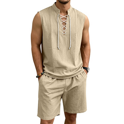 🌴 50% OFF NOW!👕 Men's Linen Sleeveless Set – Top & Shorts with Lace-Up Design – Summer Essential 🌊