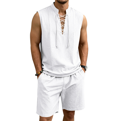 🌴 50% OFF NOW!👕 Men's Linen Sleeveless Set – Top & Shorts with Lace-Up Design – Summer Essential 🌊