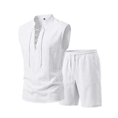 🌴 50% OFF NOW!👕 Men's Linen Sleeveless Set – Top & Shorts with Lace-Up Design – Summer Essential 🌊