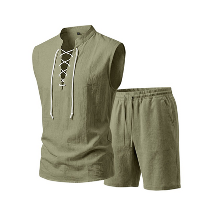 🌴 50% OFF NOW!👕 Men's Linen Sleeveless Set – Top & Shorts with Lace-Up Design – Summer Essential 🌊