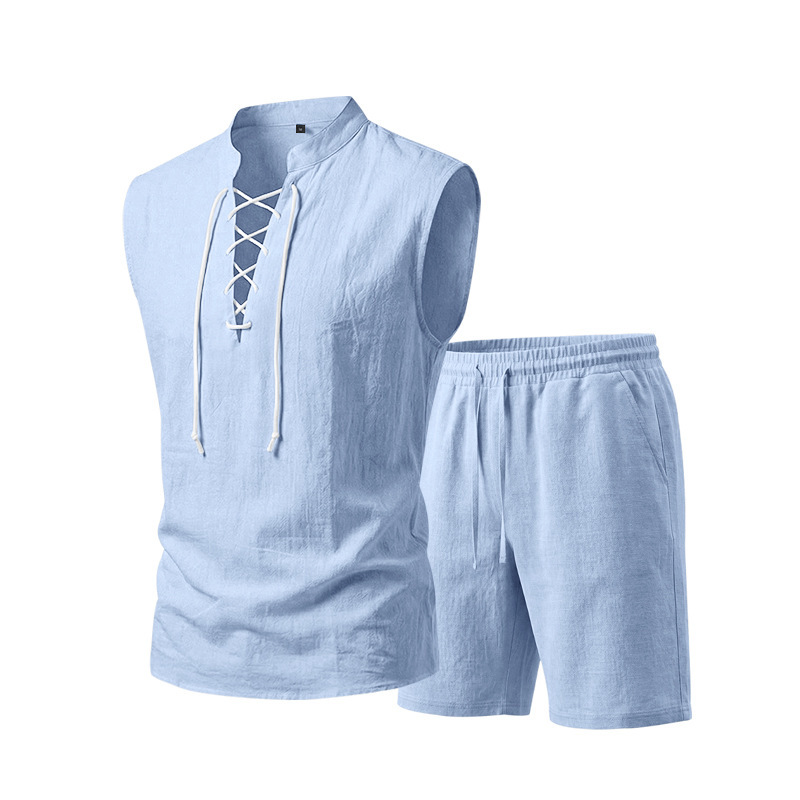 🌴 50% OFF NOW!👕 Men's Linen Sleeveless Set – Top & Shorts with Lace-Up Design – Summer Essential 🌊