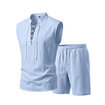 🌴 50% OFF NOW!👕 Men's Linen Sleeveless Set – Top & Shorts with Lace-Up Design – Summer Essential 🌊