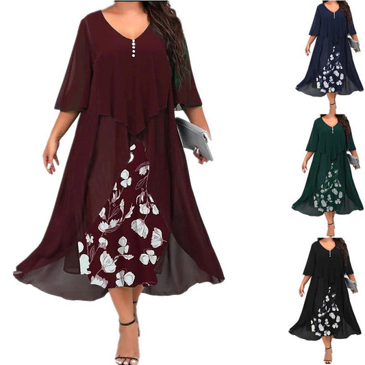 🔥Limited-time offer-Chiffon Fake Two-Piece Mid-Sleeve Irregular Dress For Women