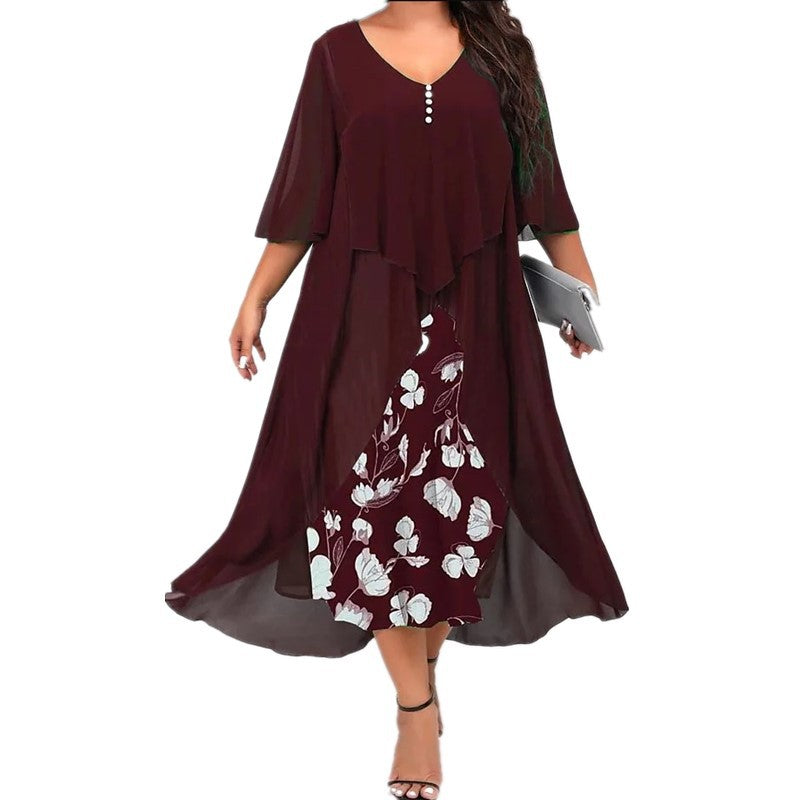 🔥Limited-time offer-Chiffon Fake Two-Piece Mid-Sleeve Irregular Dress For Women