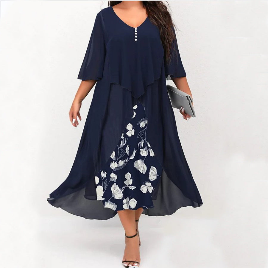 🔥Limited-time offer-Chiffon Fake Two-Piece Mid-Sleeve Irregular Dress For Women