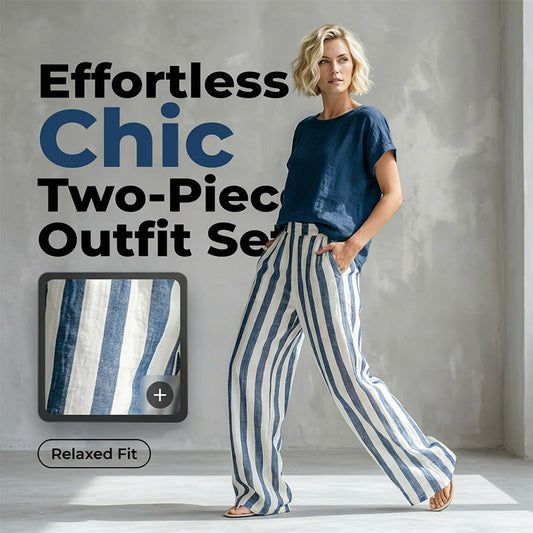 🔥Limited-time offer-Women's Casual Solid Top & Striped Wide-Leg Pants