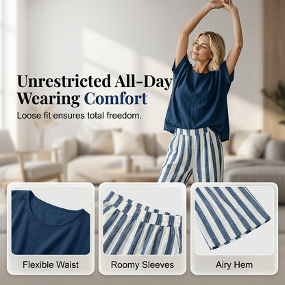 🔥Limited-time offer-Women's Casual Solid Top & Striped Wide-Leg Pants