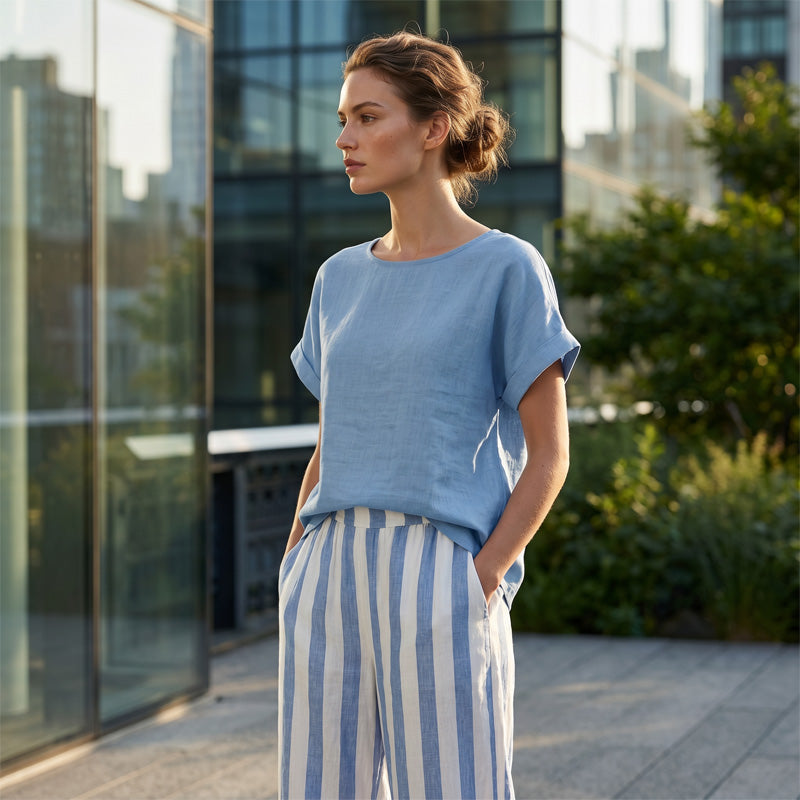 🔥Limited-time offer-Women's Casual Solid Top & Striped Wide-Leg Pants