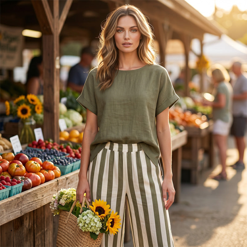 🔥Limited-time offer-Women's Casual Solid Top & Striped Wide-Leg Pants