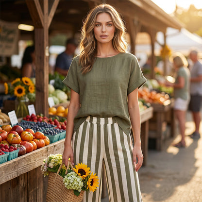 🔥Limited-time offer-Women's Casual Solid Top & Striped Wide-Leg Pants