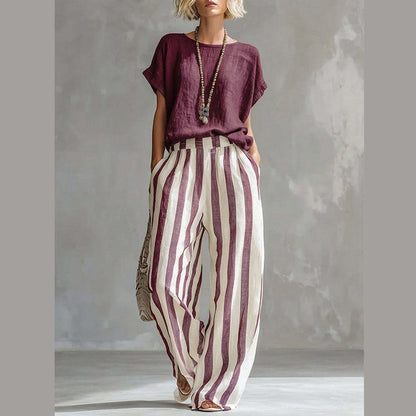 🔥Limited-time offer-Women's Casual Solid Top & Striped Wide-Leg Pants