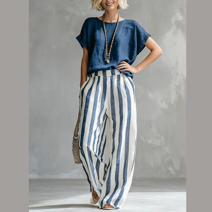 🔥Limited-time offer-Women's Casual Solid Top & Striped Wide-Leg Pants