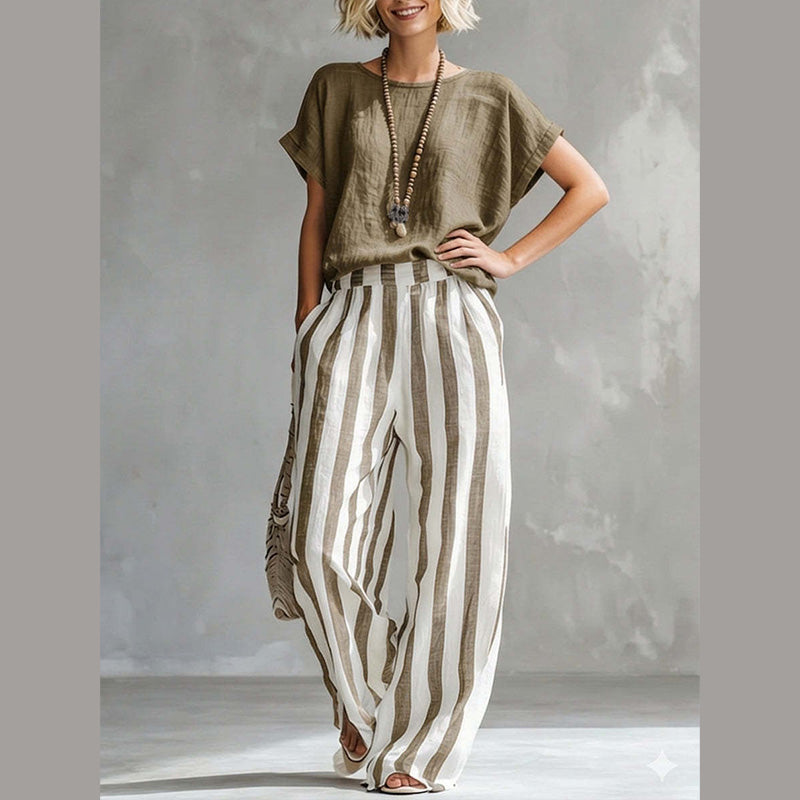🔥Limited-time offer-Women's Casual Solid Top & Striped Wide-Leg Pants