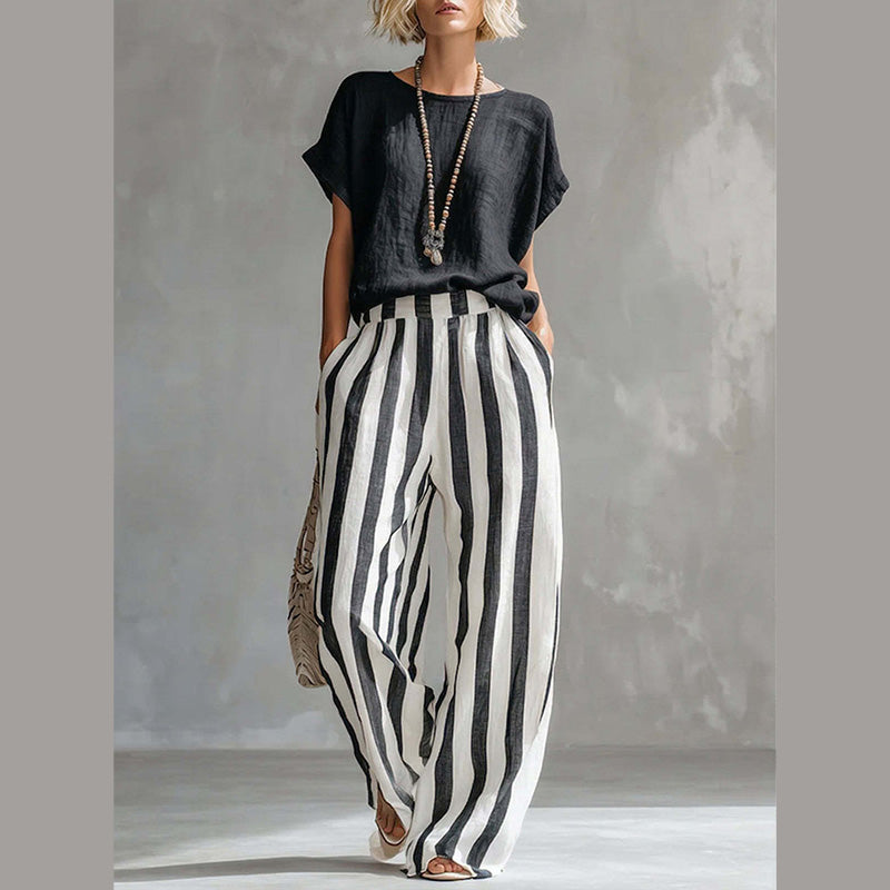 🔥Limited-time offer-Women's Casual Solid Top & Striped Wide-Leg Pants