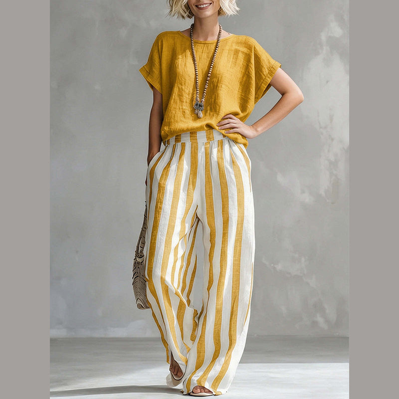 🔥Limited-time offer-Women's Casual Solid Top & Striped Wide-Leg Pants