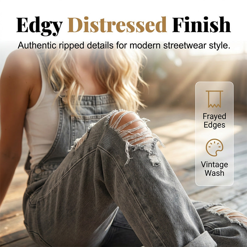 🎁 BUY 2 GET 1 FREE – Women's Casual Distressed Denim Jumpsuit, Relaxed One-Piece with Trendy Ripped Details for Everyday Style
