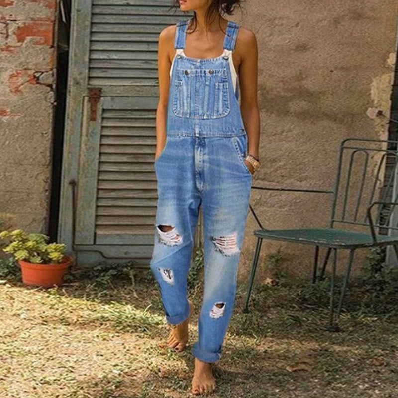 🎁 BUY 2 GET 1 FREE – Women's Casual Distressed Denim Jumpsuit, Relaxed One-Piece with Trendy Ripped Details for Everyday Style