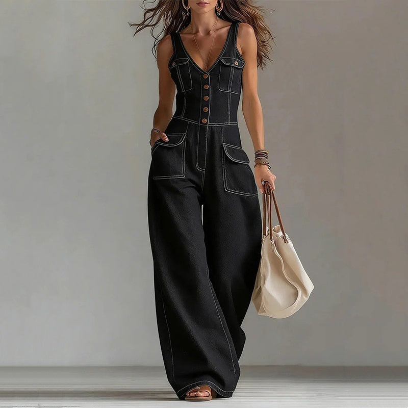 👖 LIMITED-TIME 50% OFF! 💥 Women's Denim Jumpsuit – Button-Front, Wide-Leg, Cotton Blend ✨