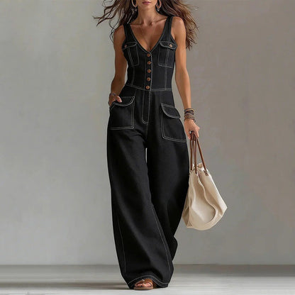 👖 LIMITED-TIME 50% OFF! 💥 Women's Denim Jumpsuit – Button-Front, Wide-Leg, Cotton Blend ✨