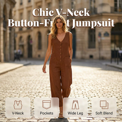 🌸Limited-time offer-Women's Sleeveless V-Neck Button-Front Jumpsuit