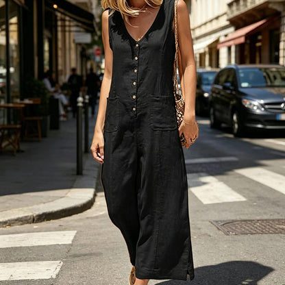 🌸Limited-time offer-Women's Sleeveless V-Neck Button-Front Jumpsuit