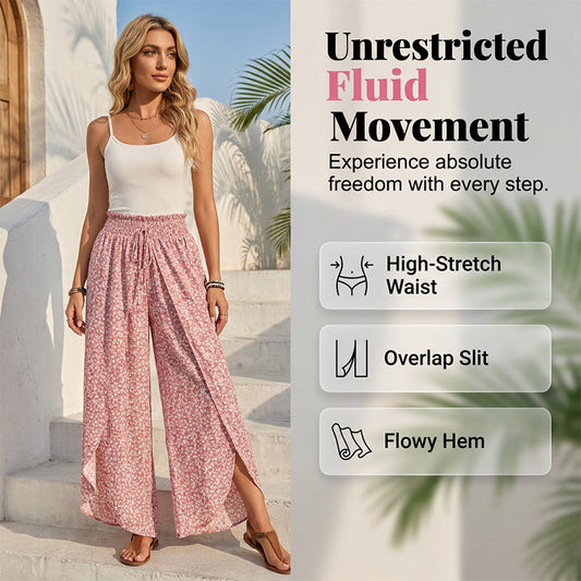 Women's Smocked Waist Wide-Leg Pants with Slit