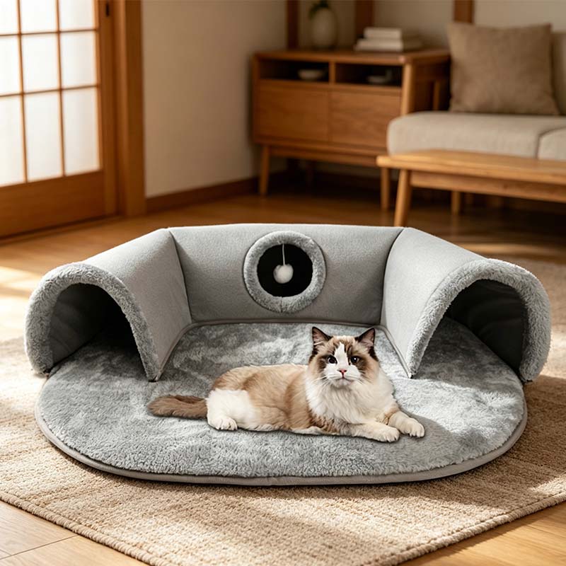 🐱 50% OFF NOW! 🛏️ Plush 2-in-1 Cat Tunnel Bed – Collapsible, scratch-resistant & cozy – combines hideaway tunnel with soft sleeping pad – perfect for play, rest & pouncing 🐾