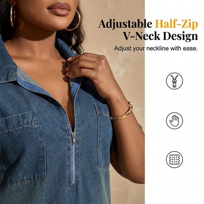 Women's Casual Half-Zip Denim Shirt Dress
