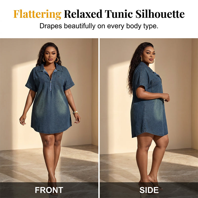 Women's Casual Half-Zip Denim Shirt Dress