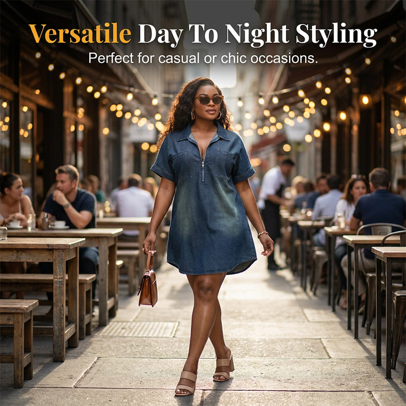 Women's Casual Half-Zip Denim Shirt Dress