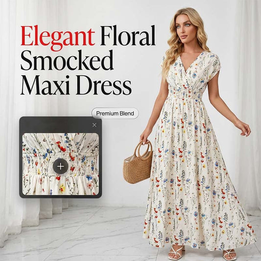 Women's Floral V-Neck Smocked Waist Maxi Dress