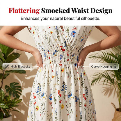 Women's Floral V-Neck Smocked Waist Maxi Dress