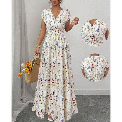 Women's Floral V-Neck Smocked Waist Maxi Dress