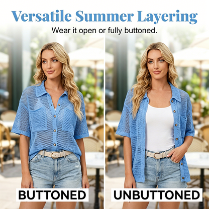 🔥50% OFF！ 🧶Women Short Sleeve Knit Button Shirt Free Gift Necklace