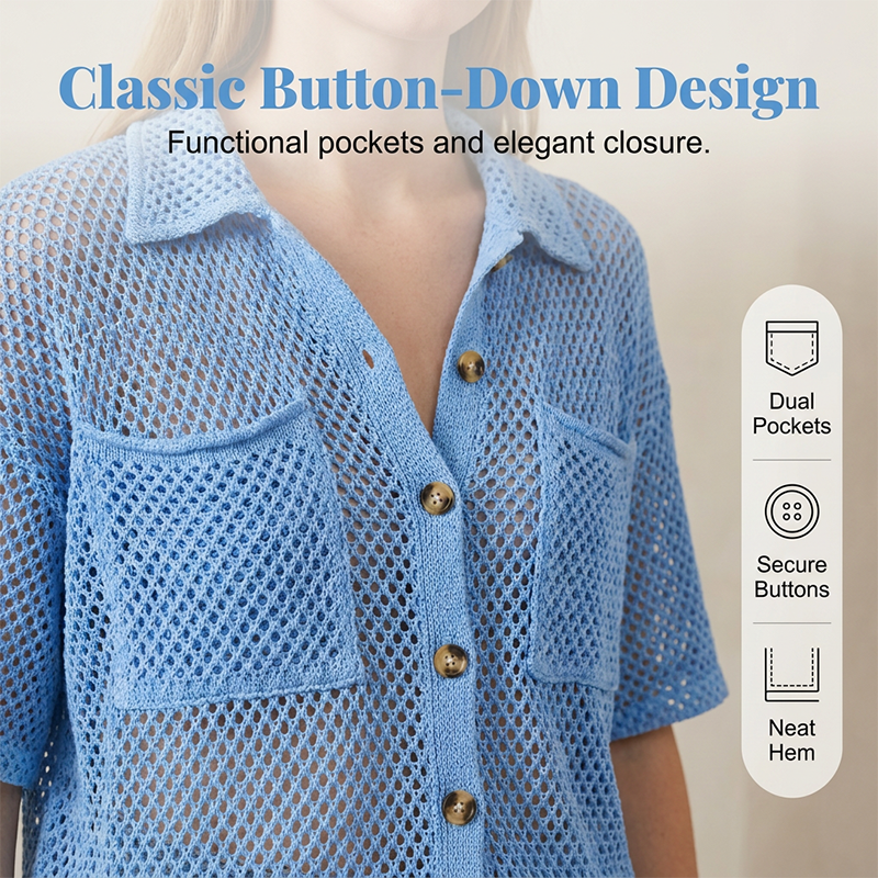 🔥50% OFF！ 🧶Women Short Sleeve Knit Button Shirt Free Gift Necklace