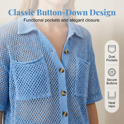 🔥50% OFF！ 🧶Women Short Sleeve Knit Button Shirt Free Gift Necklace