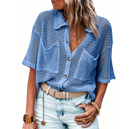 🔥50% OFF！ 🧶Women Short Sleeve Knit Button Shirt Free Gift Necklace
