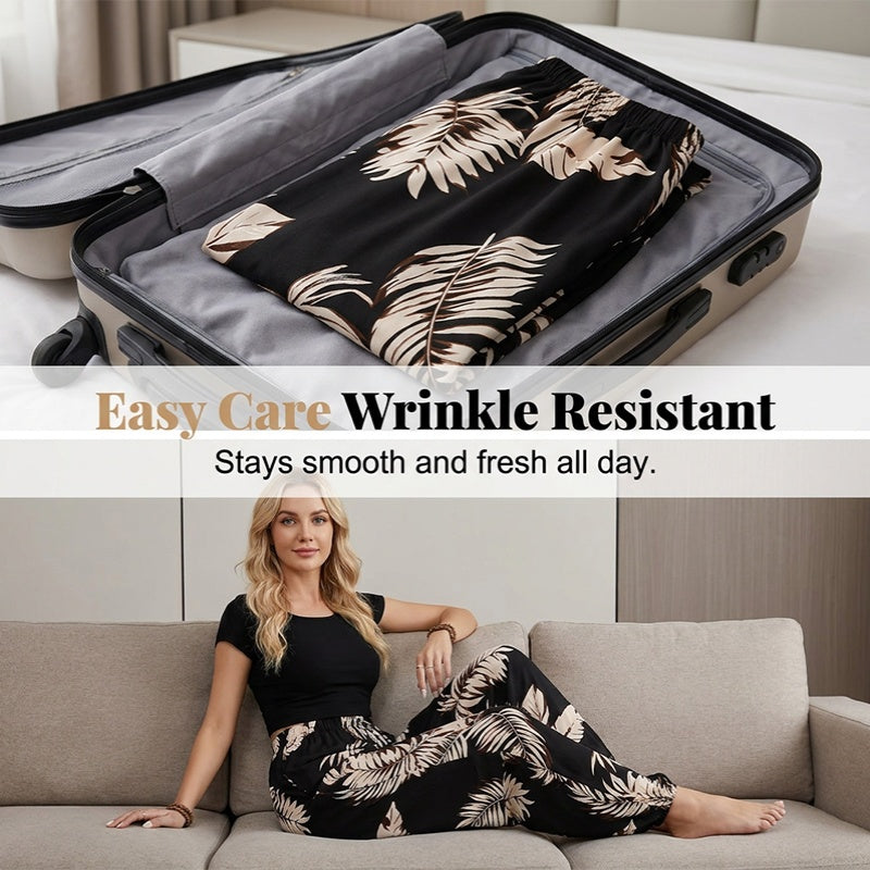 Women's Leaf Print Drawstring Wide-Leg Pants