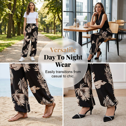 Women's Leaf Print Drawstring Wide-Leg Pants