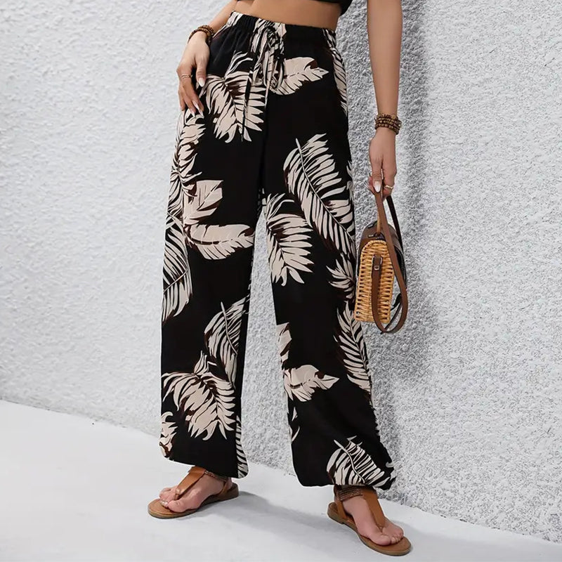 Women's Leaf Print Drawstring Wide-Leg Pants