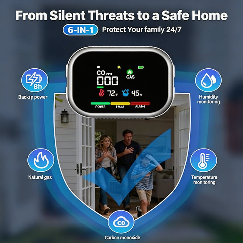 📢6-in-1 Air Quality Detector 🛡️ – Carbon Monoxide, Combustible Gas & Smoke Alarm, LCD Display, Magnetic, Battery Backup – Home & Caravan Safety