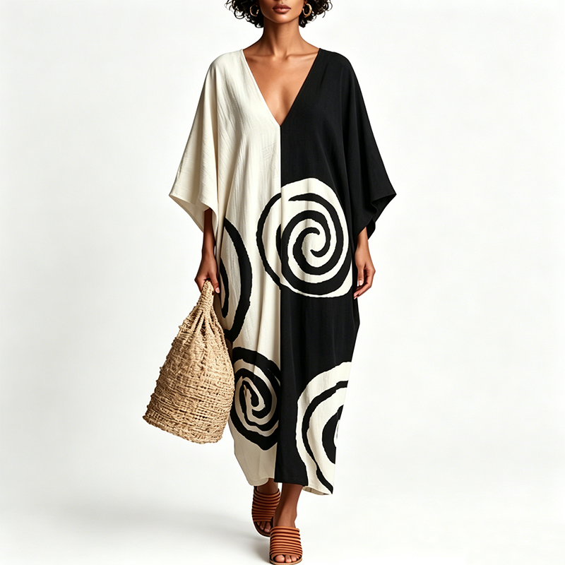 📢📢New Arrivals at Special Prices-Elegant V-Neck Two-Tone Spiral Print Dress
