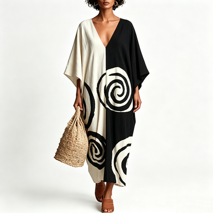 📢📢New Arrivals at Special Prices-Elegant V-Neck Two-Tone Spiral Print Dress