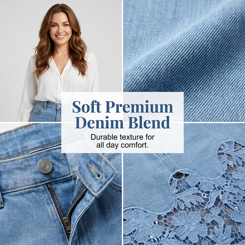 💥Women's Denim Bodycon Skirt with Hollow Lace Trim💙