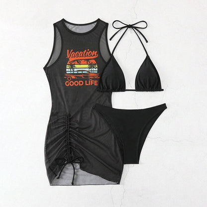 🔥Now on sale-3-Piece Bikini Set with Graphic Cover-Up