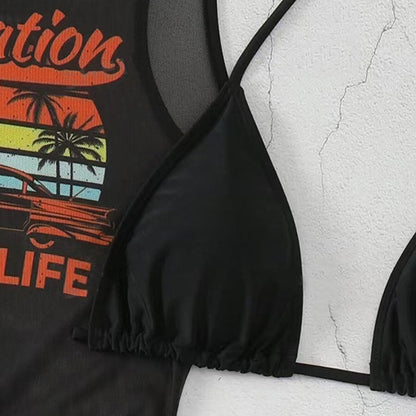 🔥Now on sale-3-Piece Bikini Set with Graphic Cover-Up