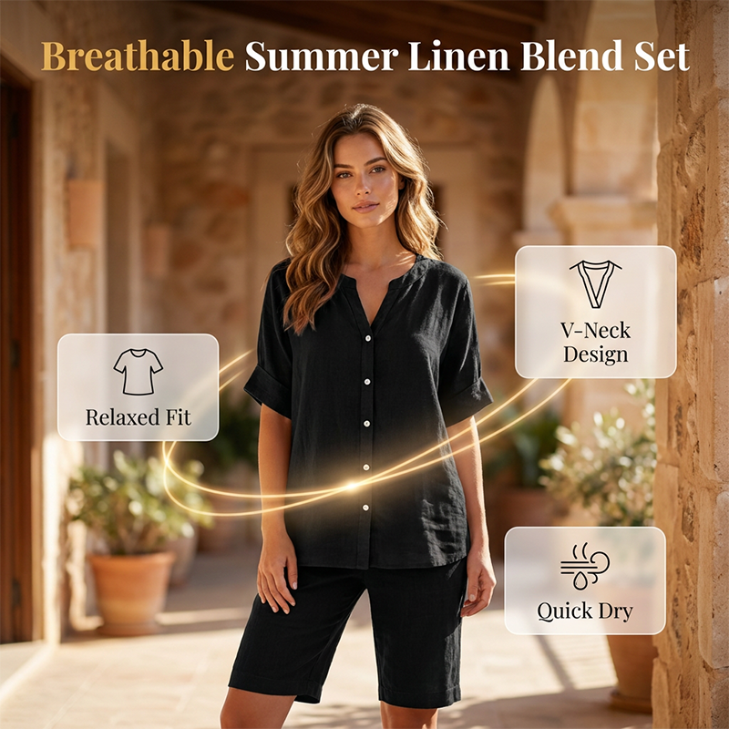 Women's Linen V-Neck Shirt & Shorts Set
