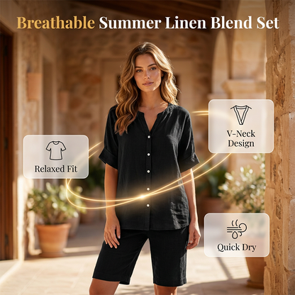 Women's Linen V-Neck Shirt & Shorts Set