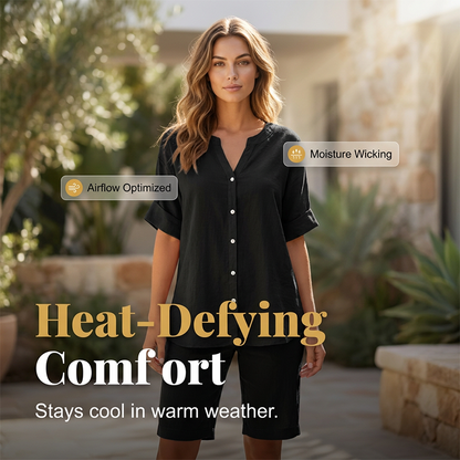 Women's Linen V-Neck Shirt & Shorts Set
